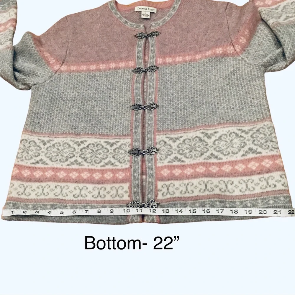Vintage Carroll Reed Nordic Wool Cardigan Fair Isle Pink/Gray Metal Clasp Size L